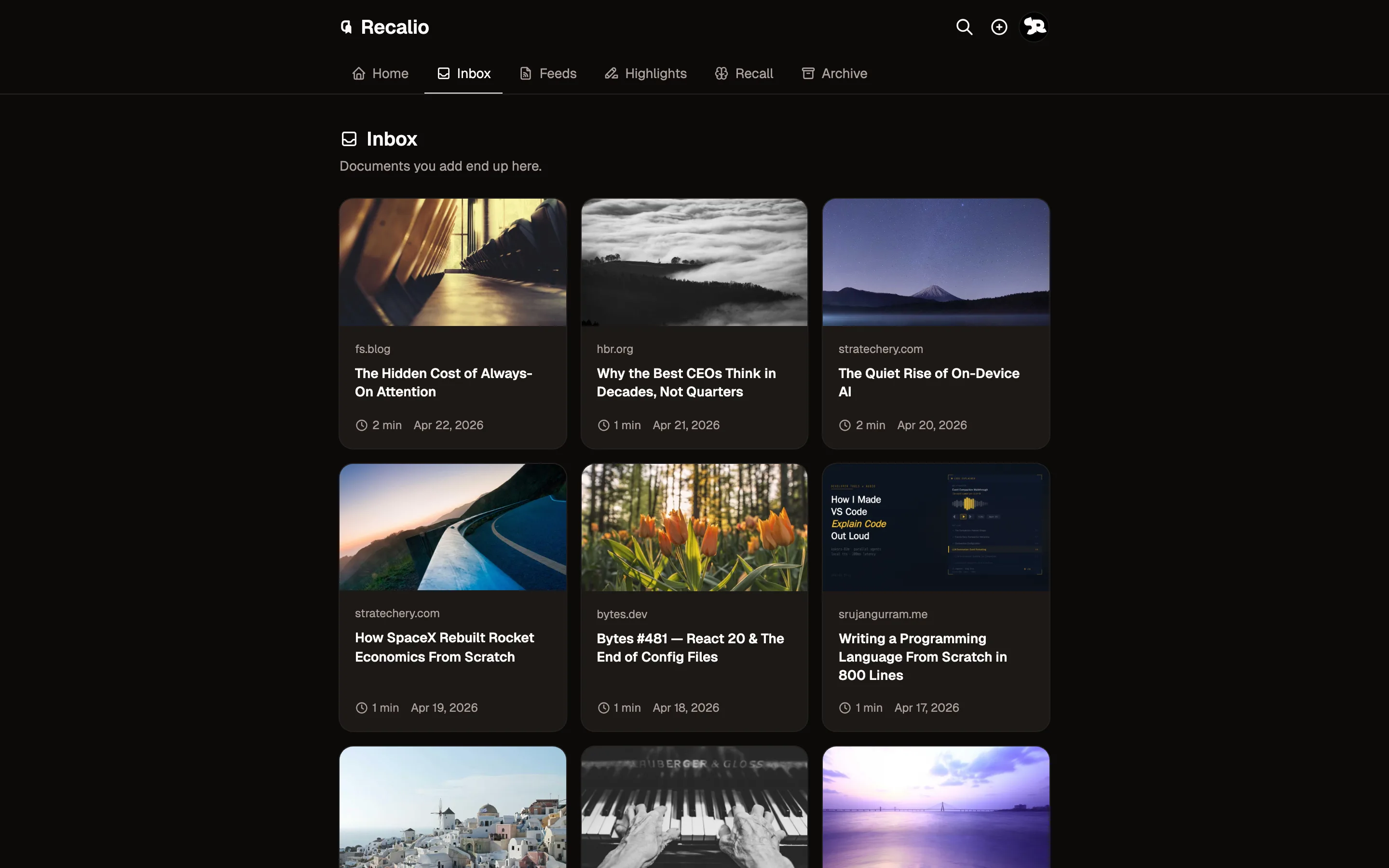 Inbox filling with articles — dark