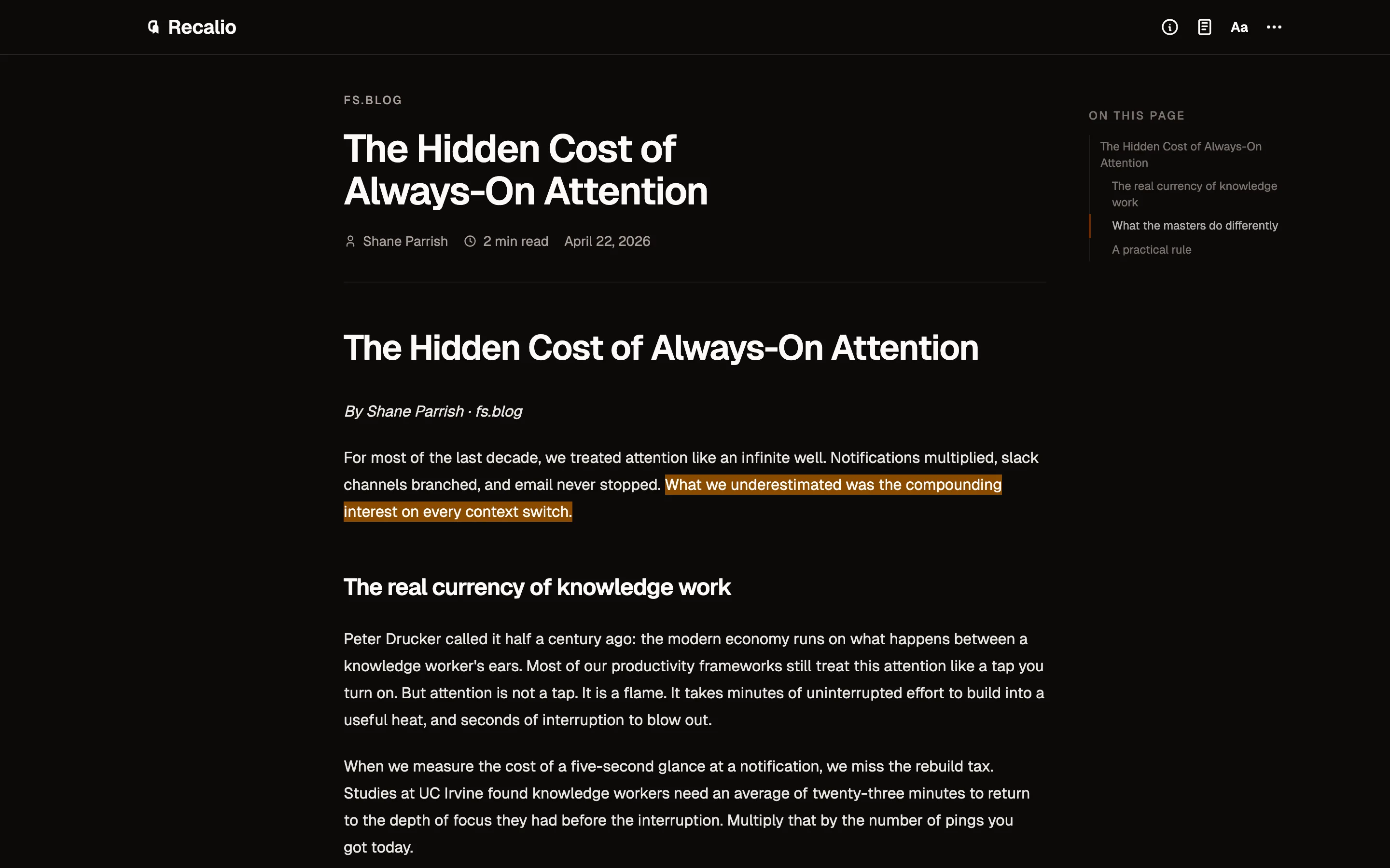 Reader with inline highlight — dark